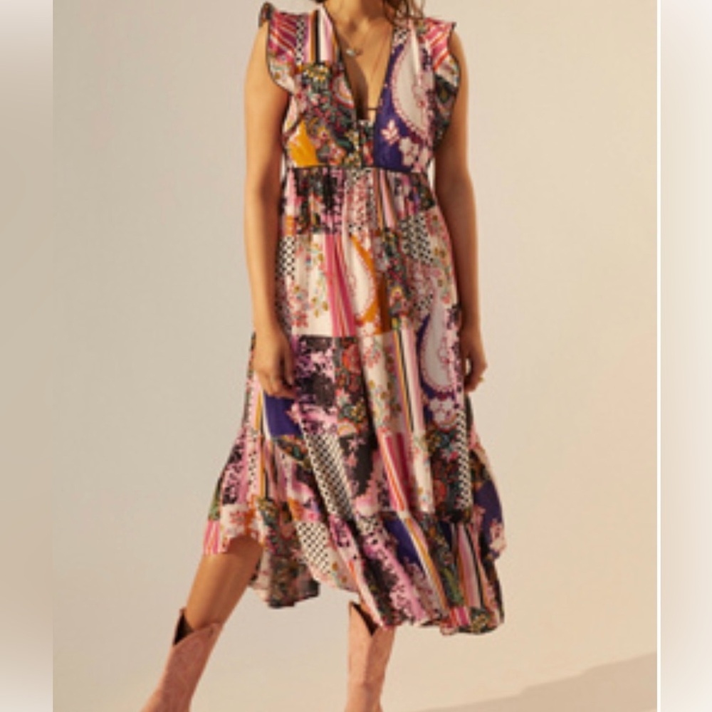 Anthropologie Multicolor Patchwork Maxi Dress with Ruffle Shoulders